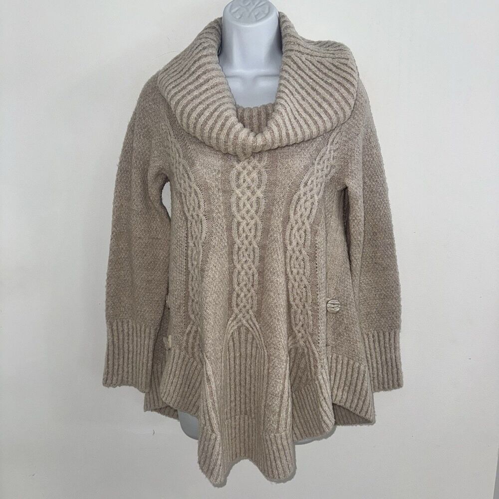 Anthropologie Angel Of The North Cowl Neck Cable Knit Cream Wool Sweater XS